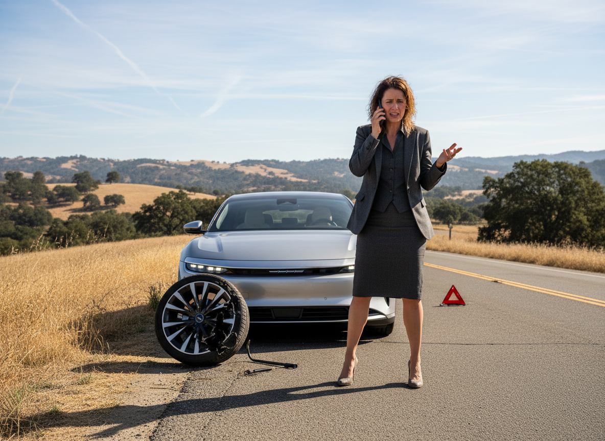 distressed woman in a dark skirt suit on a cell phone standing in front of a Lucid Air electric car with the front driver-side tire flat, daytime roadside scene, realistic photography