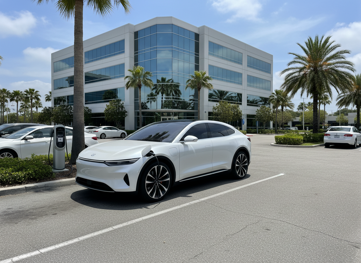 realistic photograph of an electric vehicle in an office parking lot or commercial destination, daytime, similar style to existing hero image, landscape