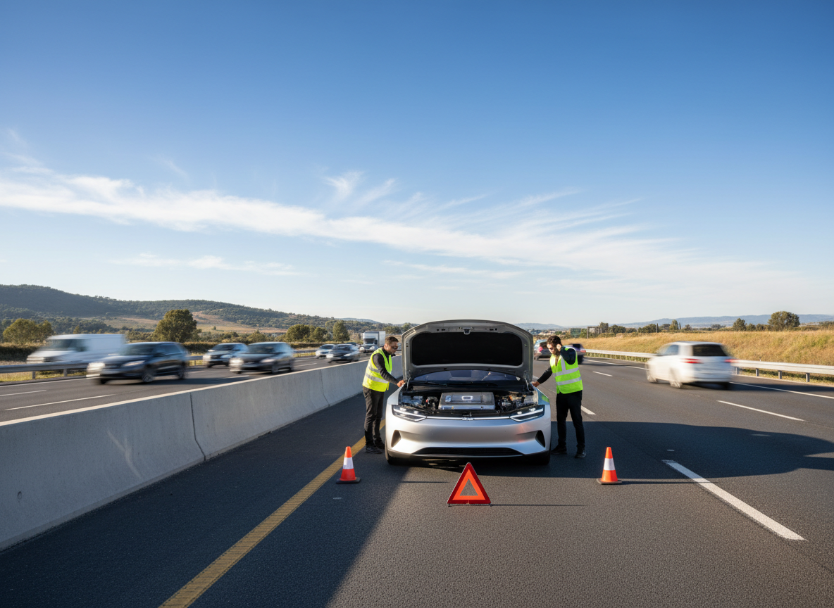realistic photograph of an electric vehicle on the shoulder of a highway or busy road, daytime, similar style to existing hero image, landscape