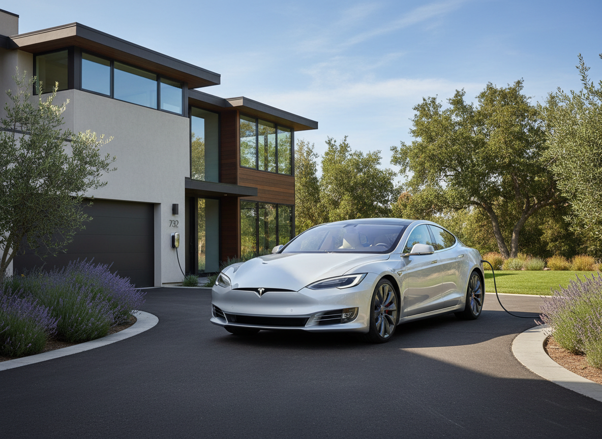 realistic photograph of an electric vehicle in a residential driveway in front of a house, daytime, similar style to existing hero image, landscape